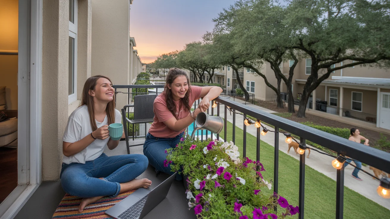 Two young women roommates relaxing on their apartment balcony in Katy, TX at sunset
