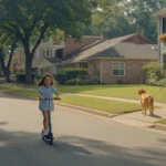 A girl rides a scooter past a mix of houses and townhomes on a quiet residential street in Roswell, Georgia.