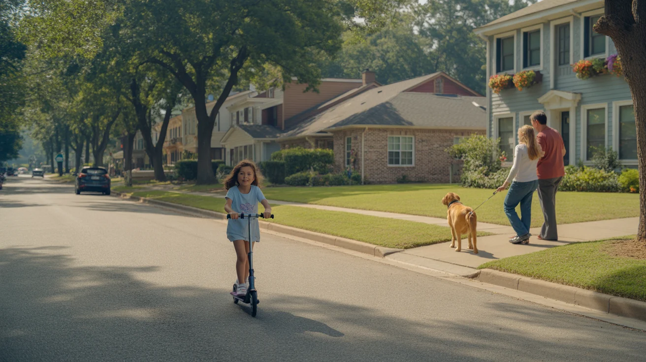 A girl rides a scooter past a mix of houses and townhomes on a quiet residential street in Roswell, Georgia.