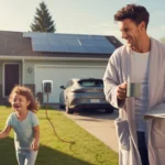 Man retrieving newspaper outside Lakewood home with solar panels and electric car