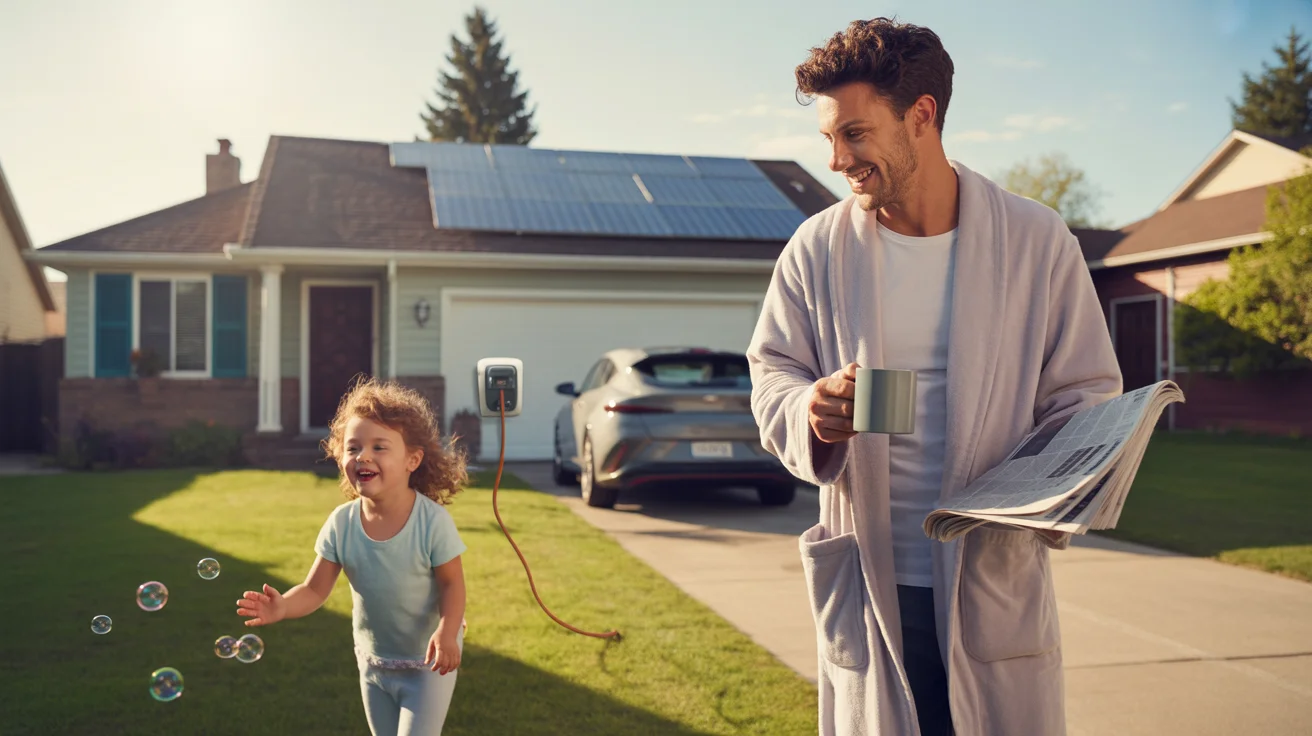 Man retrieving newspaper outside Lakewood home with solar panels and electric car