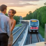 Two coworkers chatting while waiting for a MARTA train at sunset in Stonecrest, Georgia