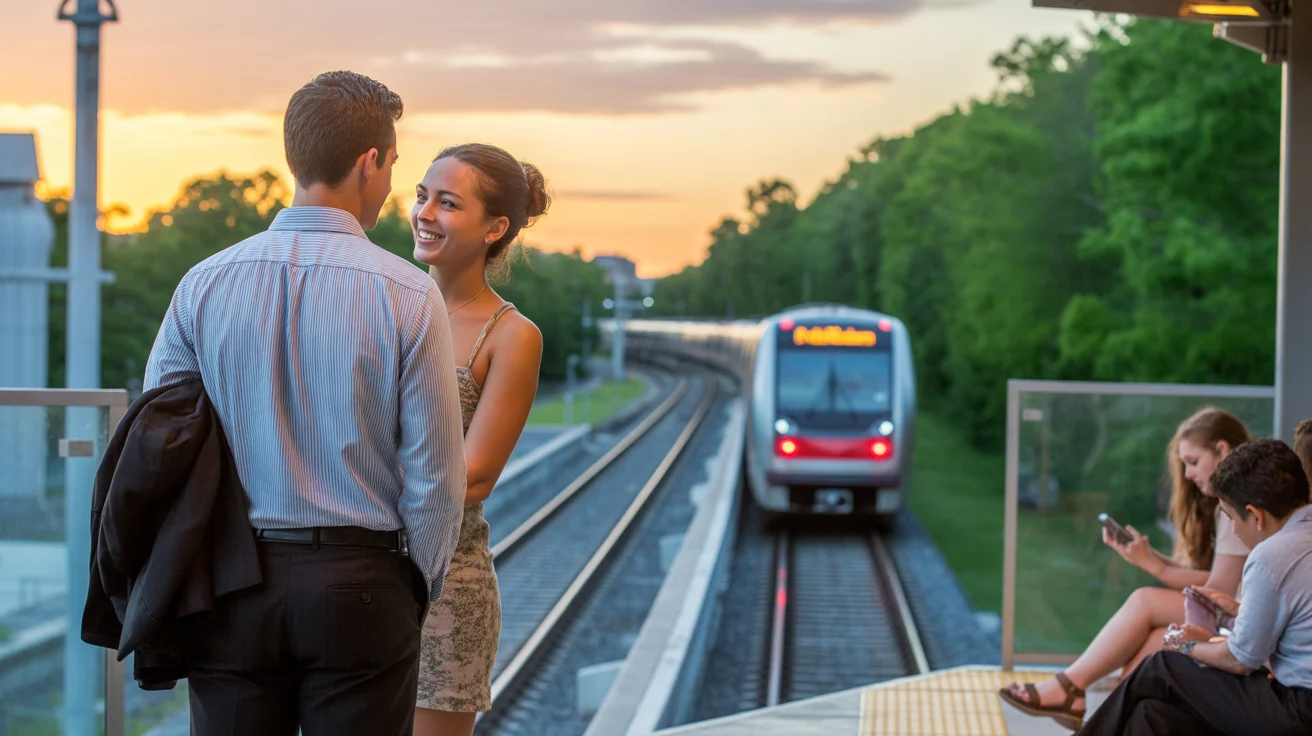 Two coworkers chatting while waiting for a MARTA train at sunset in Stonecrest, Georgia