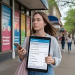 Woman considers internet and streaming options outside provider storefront in Pearland, TX