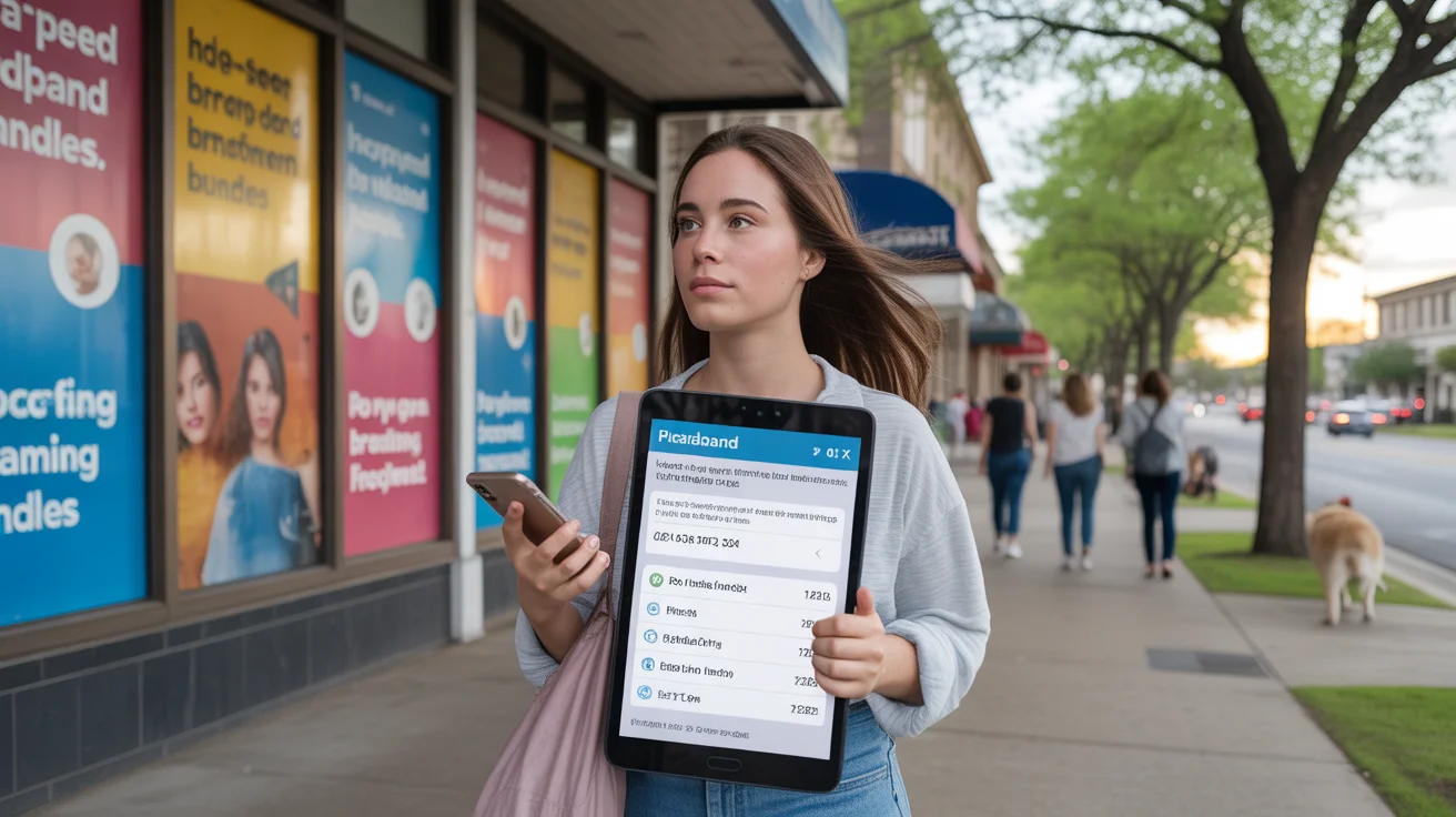 Woman considers internet and streaming options outside provider storefront in Pearland, TX