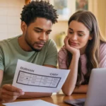 Couple comparing cost of living in Durham vs Cary on laptop