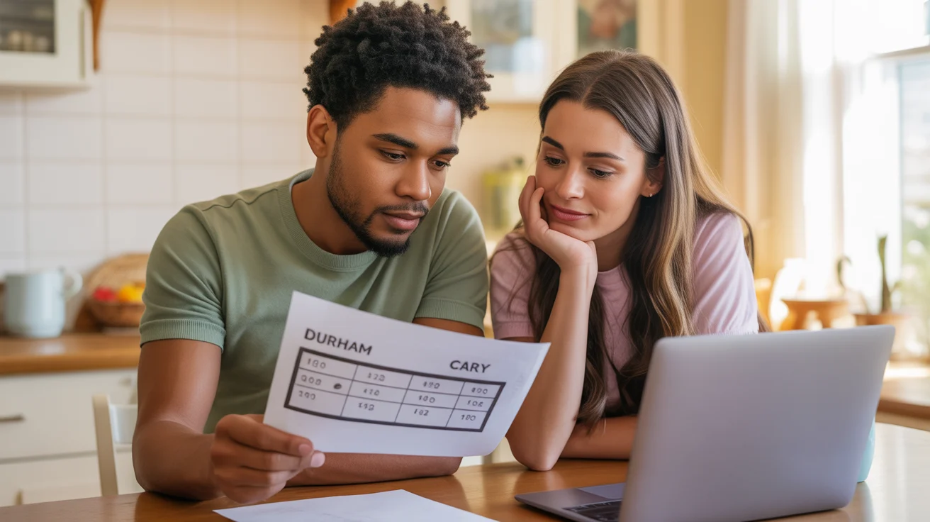 Couple comparing cost of living in Durham vs Cary on laptop