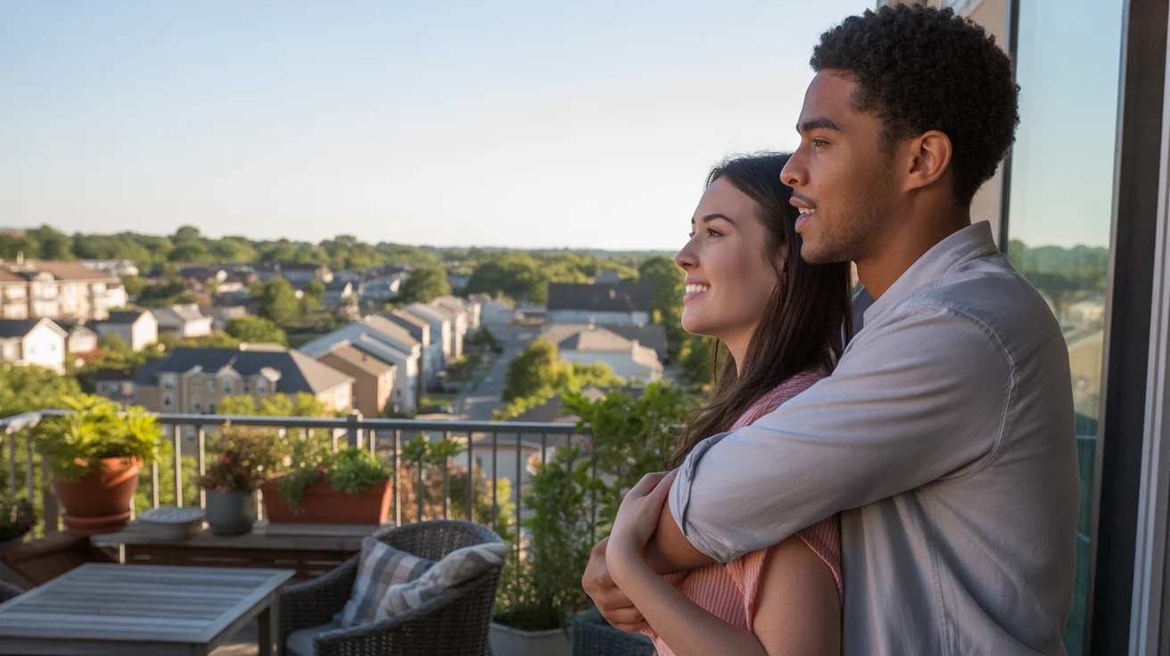 Couple on apartment balcony looking at suburban Smyrna neighborhood at sunset
