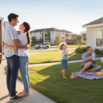 A couple stands in front of their new home in Mckinney, TX while a family enjoys a picnic next door and an apartment complex is visible in the distance.