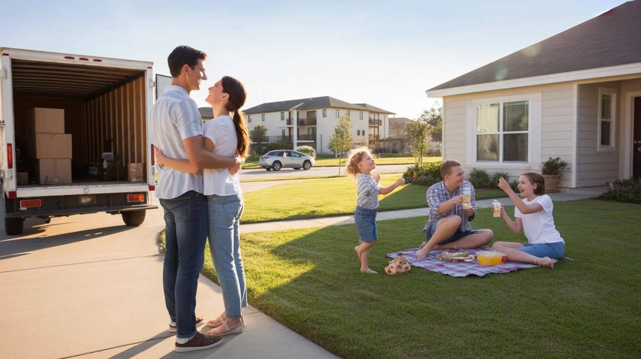 A couple stands in front of their new home in Mckinney, TX while a family enjoys a picnic next door and an apartment complex is visible in the distance.
