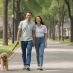 Couple walking dog on sidewalk in Monroe neighborhood