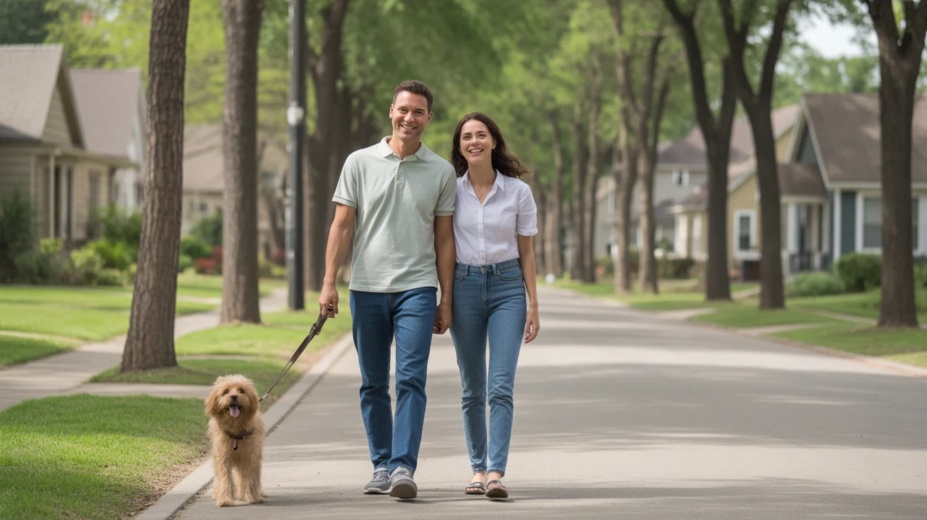 Couple walking dog on sidewalk in Monroe neighborhood
