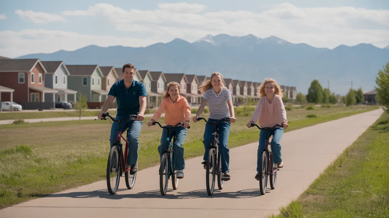A family bikes together on a trail in Commerce City with mountains and townhomes in the background.