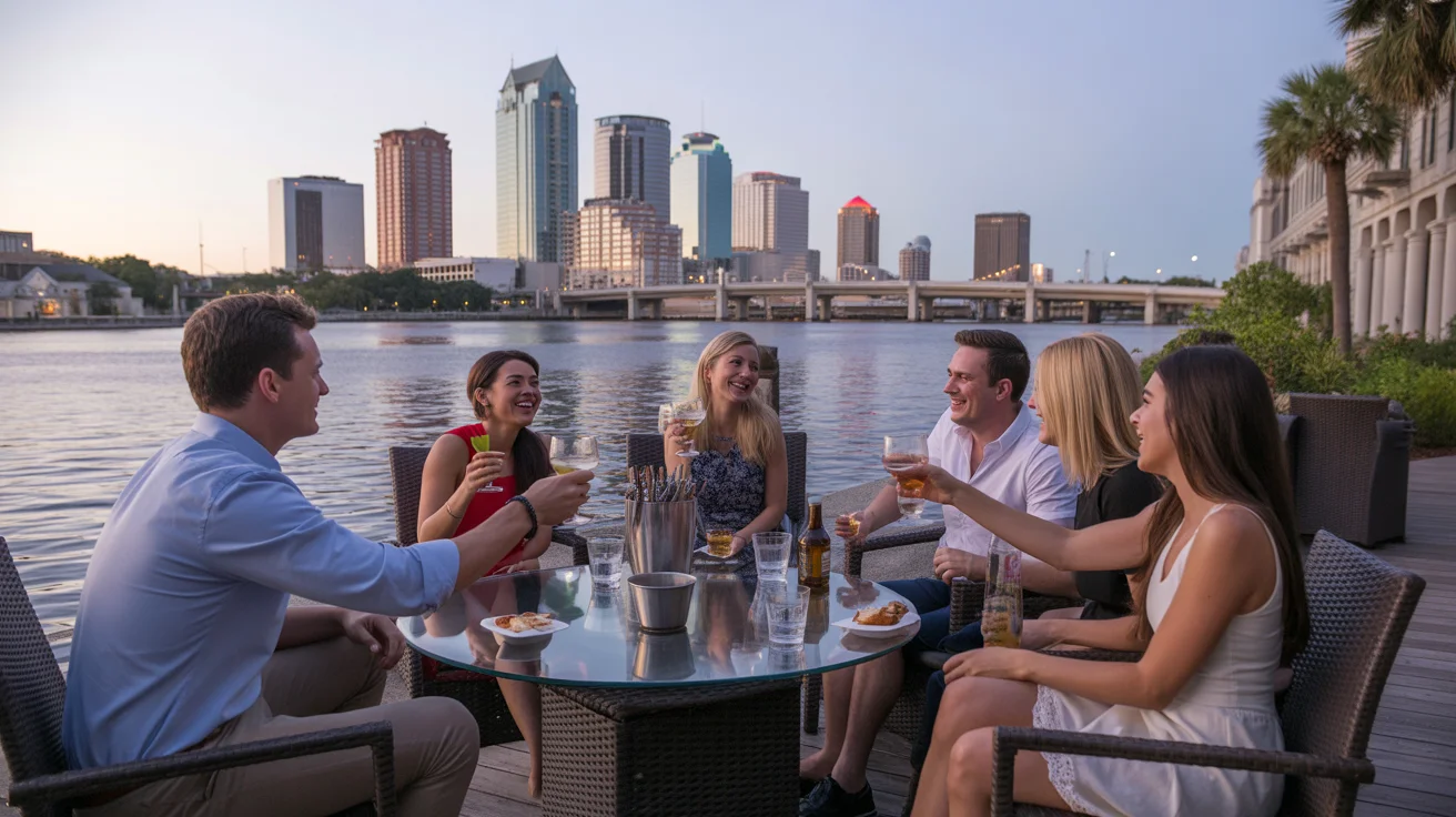 Friends dining out on the Tampa Riverwalk with city skyline views
