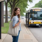 A young woman waiting for the bus at a stop in Taylorsville on a quiet weekday morning