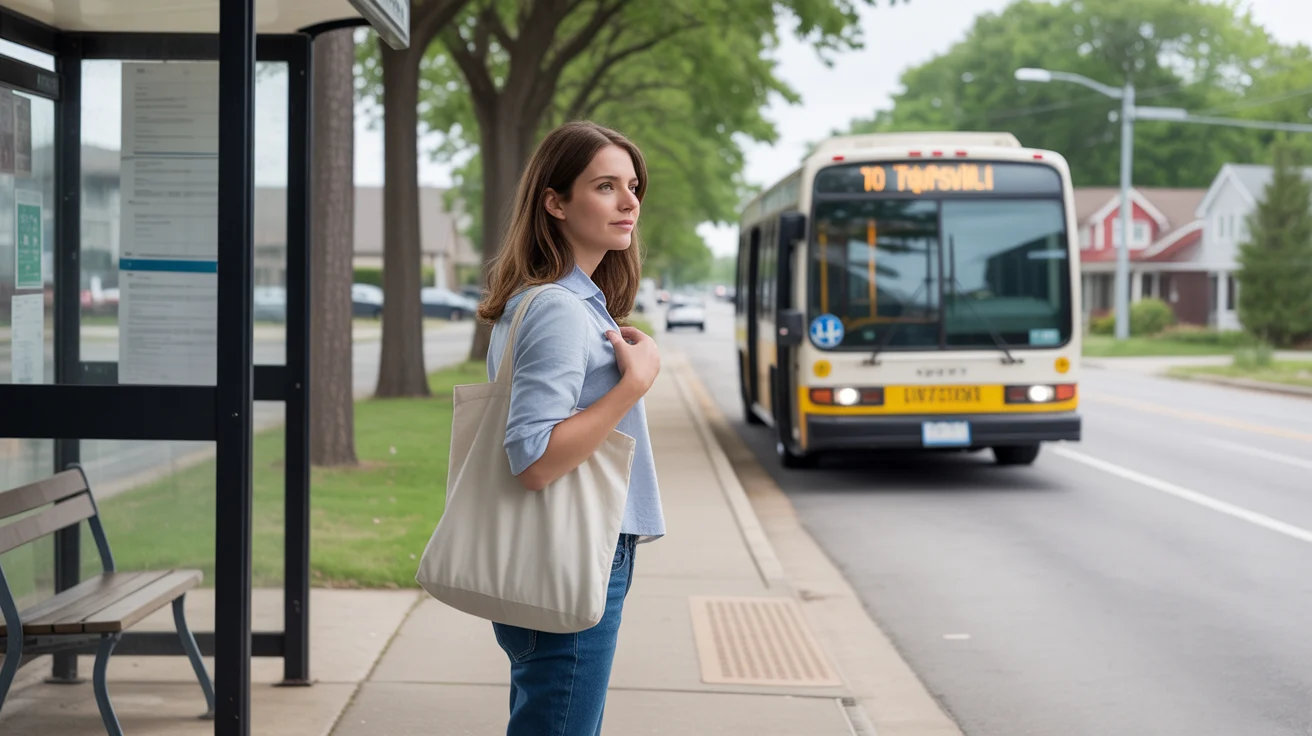 A young woman waiting for the bus at a stop in Taylorsville on a quiet weekday morning