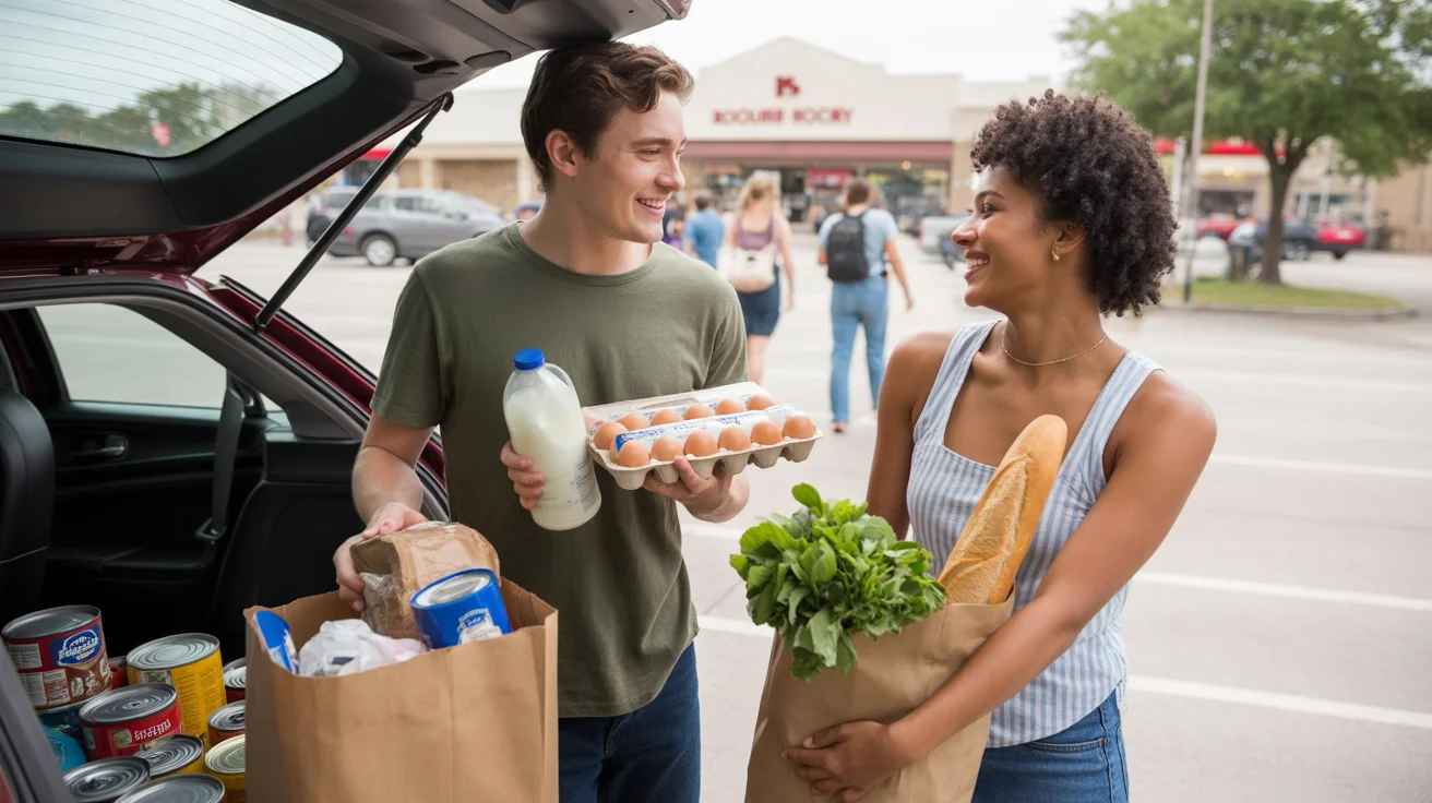 Two roommates divide up groceries from their weekly shopping trip outside a local supermarket in Round Rock, Texas.