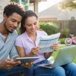 Couple reviewing monthly budget on back patio in Katy, Texas suburb