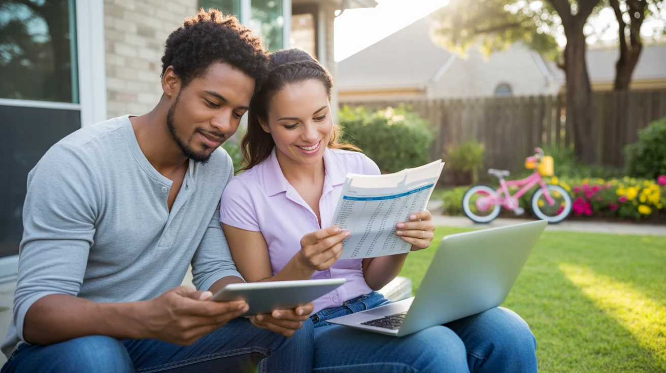 Couple reviewing monthly budget on back patio in Katy, Texas suburb