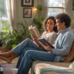 A couple enjoys a quiet moment together in the sunlit living room of their cozy Tampa home.
