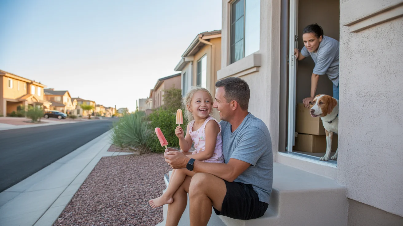 Father and daughter eating popsicles on front steps of North Las Vegas home at sunset