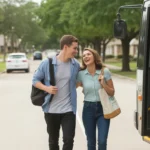 Two friends walking toward a parked Katy Metro bus on a suburban street, laughing together on a sunny afternoon.