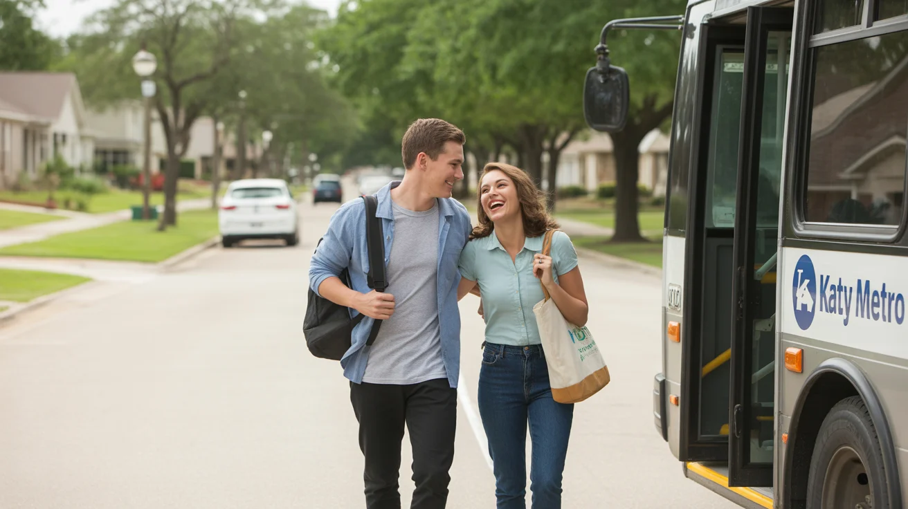 Two friends walking toward a parked Katy Metro bus on a suburban street, laughing together on a sunny afternoon.