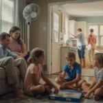 Family relaxing together in living room of Cary home on hot summer day