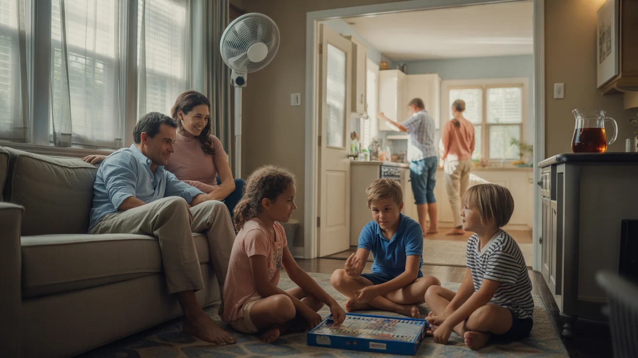 Family relaxing together in living room of Cary home on hot summer day