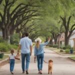 Family walks dog through peaceful New Braunfels neighborhood on a sunny day.