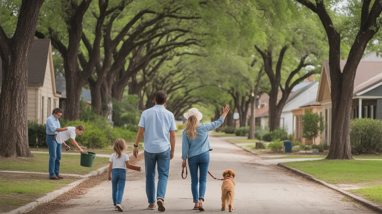 Family walks dog through peaceful New Braunfels neighborhood on a sunny day.