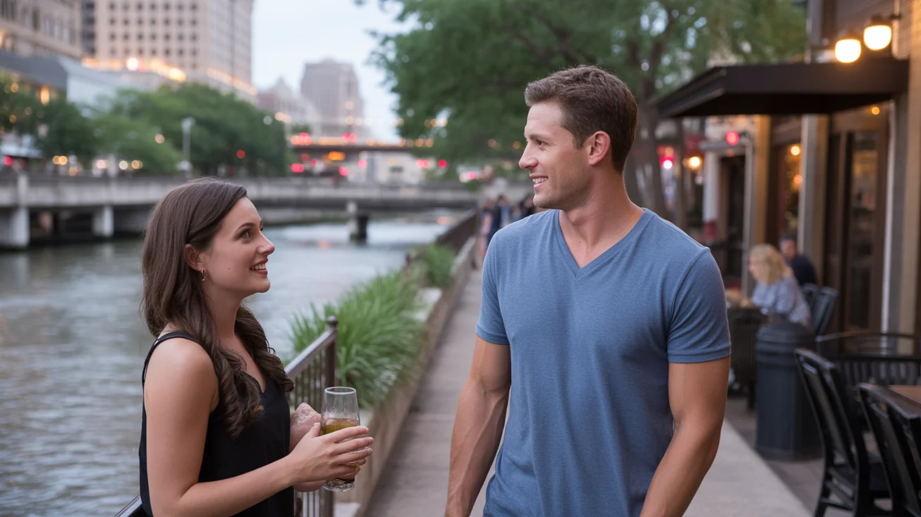 Friends meet for dinner in lively San Antonio with riverwalk in the background.