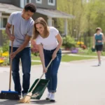 Couple sweeping driveway of suburban duplex in Littleton Colorado