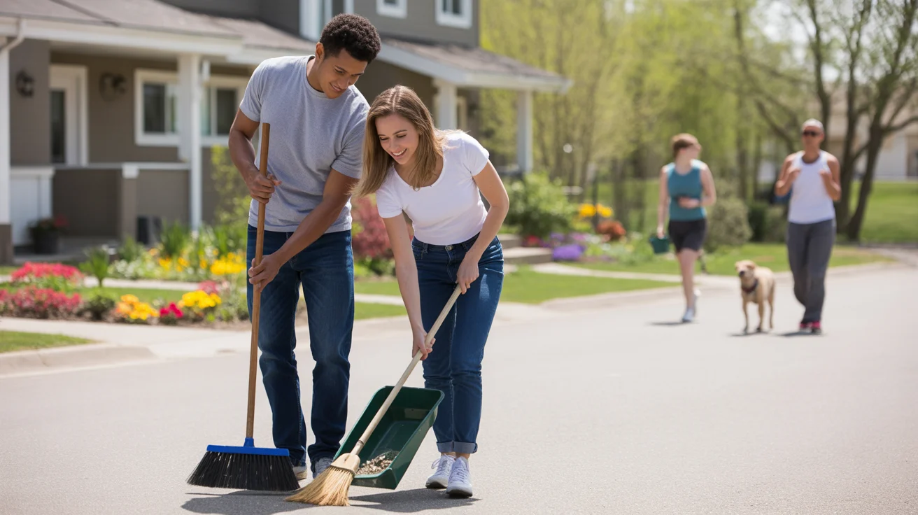 Couple sweeping driveway of suburban duplex in Littleton Colorado