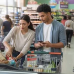 A couple unloading groceries at the checkout counter of a neighborhood store in Santa Ana, CA.