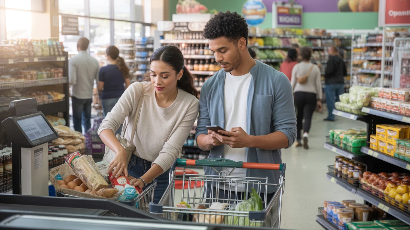A couple unloading groceries at the checkout counter of a neighborhood store in Santa Ana, CA.