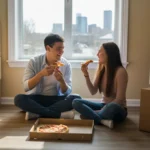 Couple eating pizza on floor of empty Broomfield apartment, moving boxes stacked around them