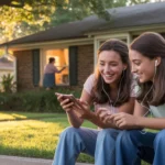 Two teenage girls sharing earbuds while watching a video on a smartphone, sitting on the front steps of a house in Gastonia, NC at sunset.