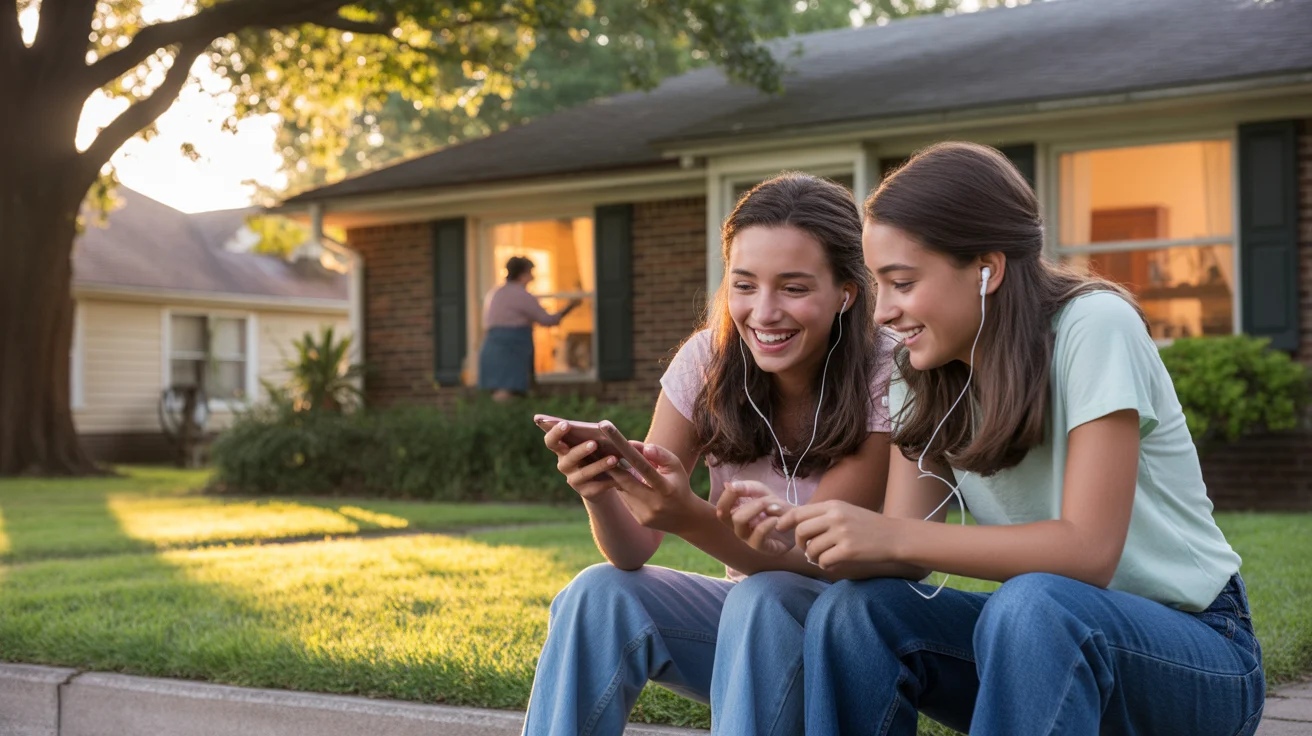 Two teenage girls sharing earbuds while watching a video on a smartphone, sitting on the front steps of a house in Gastonia, NC at sunset.