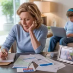 A woman reviews utility bills and city fees at her kitchen table in Rock Hill, SC