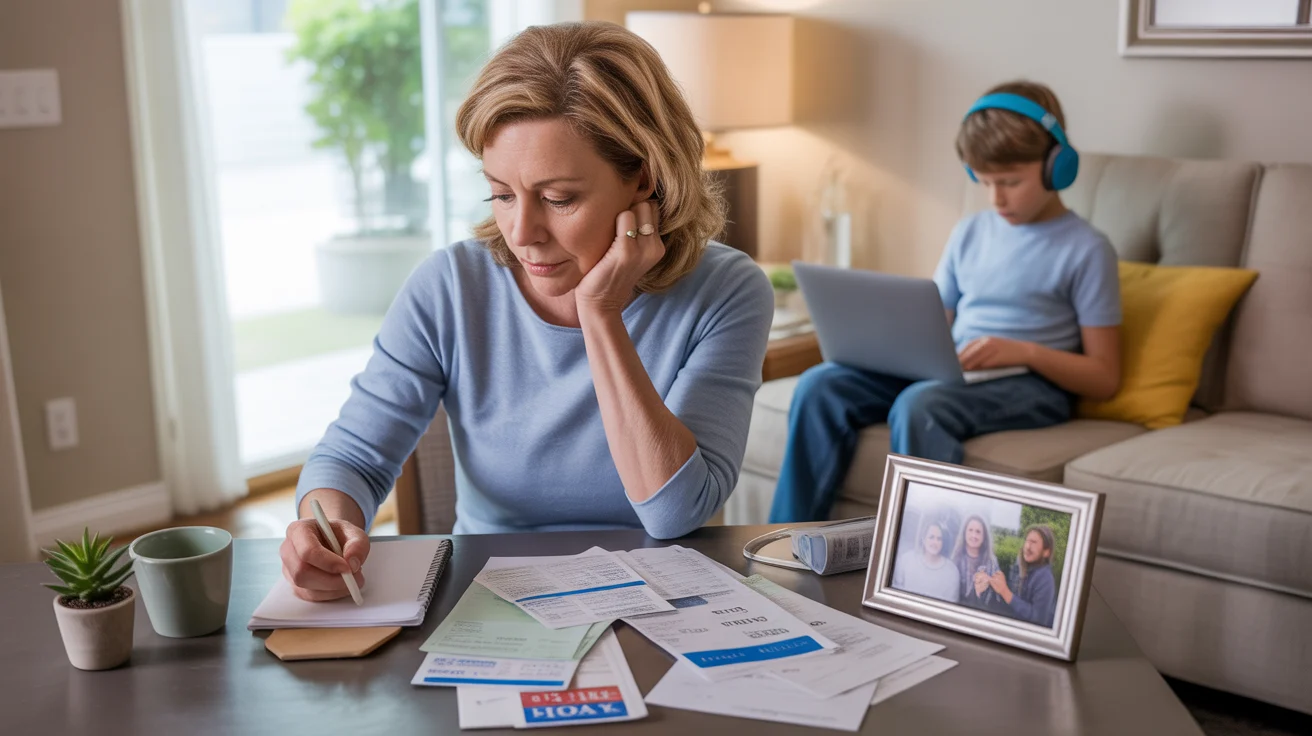 A woman reviews utility bills and city fees at her kitchen table in Rock Hill, SC