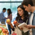 A couple grocery shopping together in Garland, TX, comparing produce prices