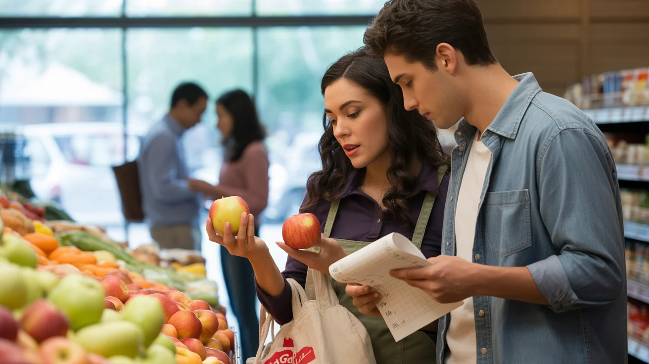A couple grocery shopping together in Garland, TX, comparing produce prices