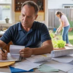 Man reviewing utility bills and receipts at kitchen table in Centennial, CO home