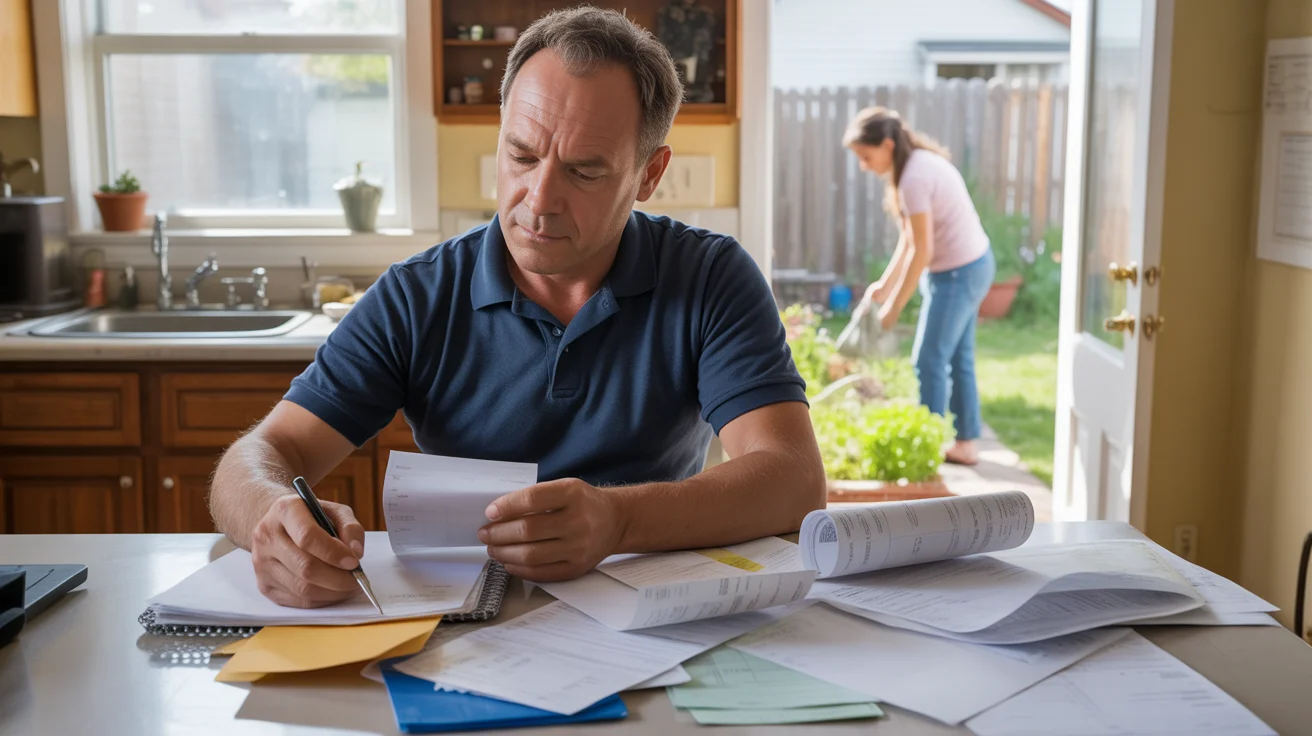 Man reviewing utility bills and receipts at kitchen table in Centennial, CO home