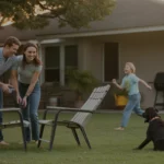 A young family assembles lawn chairs and plays in the backyard of their Pasadena, TX home at sunset.