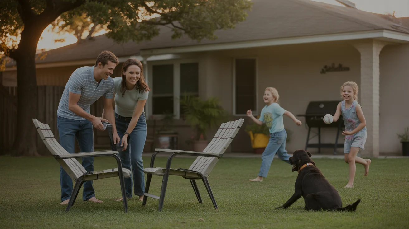 A young family assembles lawn chairs and plays in the backyard of their Pasadena, TX home at sunset.