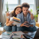 A couple reviews internet and streaming options while unpacking in their new Cary apartment