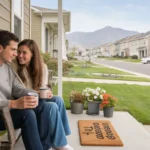 Couple drinking coffee on townhome porch in Sandy, Utah neighborhood