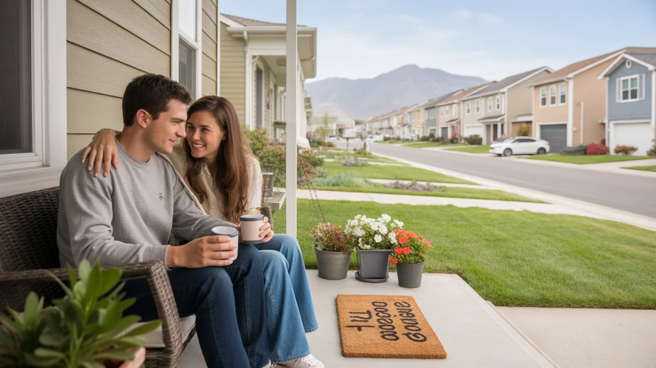 Couple drinking coffee on townhome porch in Sandy, Utah neighborhood